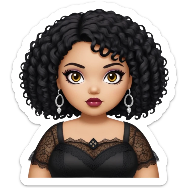 pretty bratz girl, fat pluz size body, black curly short hair, brown eyes, black eyeliner, black skin, gothic lace clothes sticker