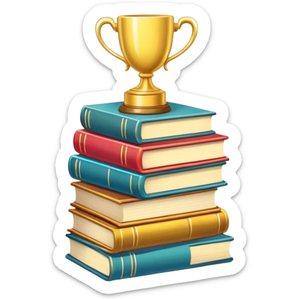 A cute sticker with a stack of books and a trophy, perfect for book lovers who proudly own a massive "To Be Read" pile sticker