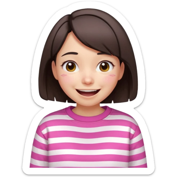 Emoji of a cute 3D girl with short dark brown bob hairstyle, wearing a pink and white striped sweatshirt. She is laughing uncontrollably, tears of joy, white background sticker