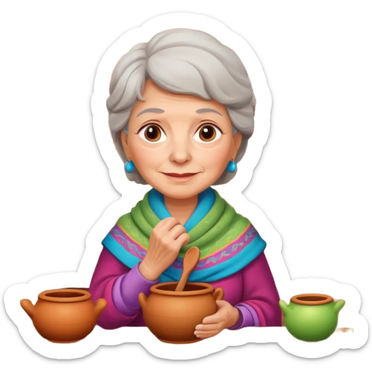cartoon Apple iOS emoji style rural elderly woman, pastel colors, Chilean wooden kitchen background, clay pots, warm light, detailed and clean vector art sticker