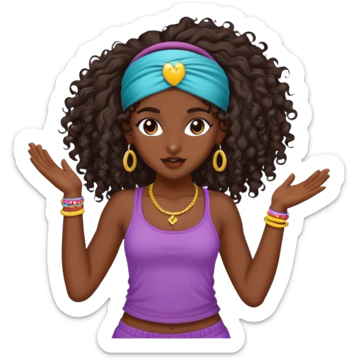 Dancing dark brown girl with long darn brown curly hair with headband hip hop sticker