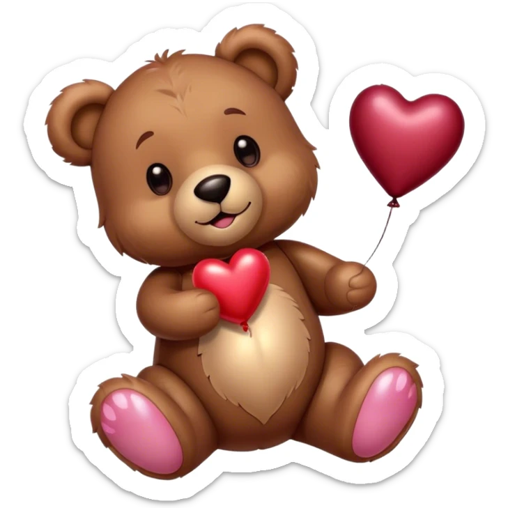 Adorable Plush brown teddy bear holding an inflatable metallic maroon heart-shaped balloon in his paw  sticker