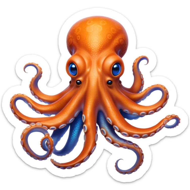 Cinematic Realistic Noble Octopus Portrait Emoji, Poised and majestic, with a sinuous, flowing body in vivid orange accented by intricately detailed blue rings, and intelligent, penetrating eyes that reflect ancient ocean lore; rendered with lifelike texture and natural iridescence, high shine, intelligent and formidable, styled with an aura of mystical marine power, focused and attentive, soft glowing outline, capturing the essence of a watchful and confident octopus that appears ready to glide out of the screen with timeless authority! sticker