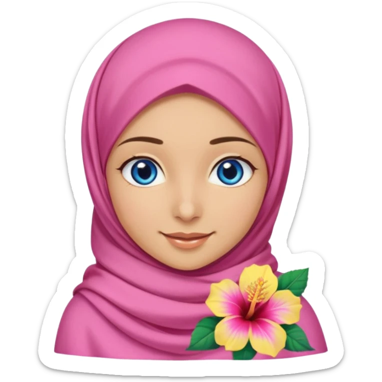 Turkish beautiful finish Konya girl blue eyes with pink yellow summer hijab islamic dress and had on her side part hijab hibiscus flower and she’s happy sticker