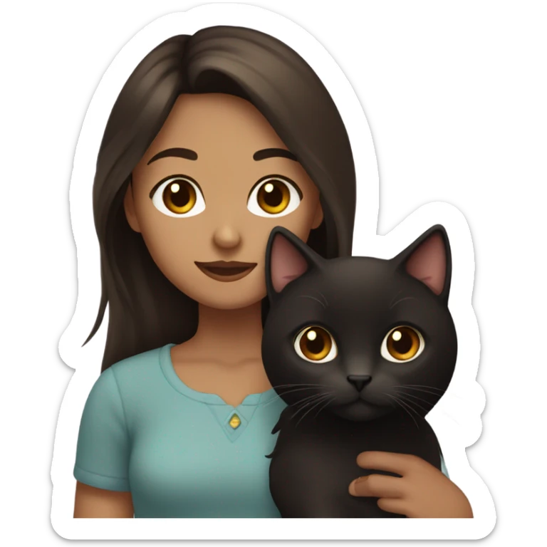 girl with dark brown hair and brown eyes, holding her brown and black cat. the cat has very long hair sticker