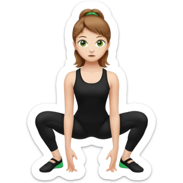 Beautiful woman with light brown shoulder length hair popping a squat without any weights. Make her with a little lighter, brown hair and green eyes. Make her fair skinned and wearing a black workout suit. make her wearing black ballet flats. sticker