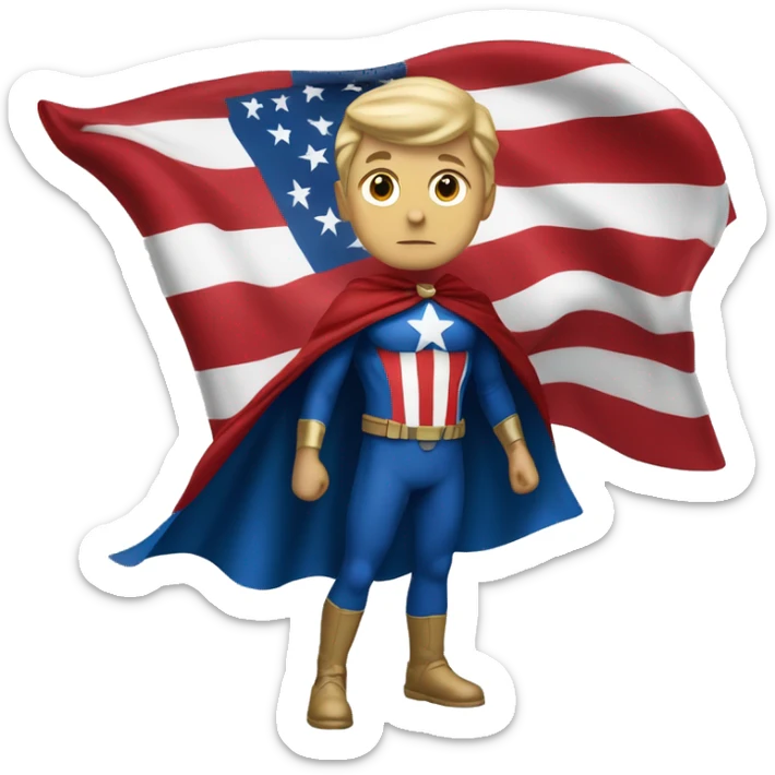 Emoji of Homelander from ‘The Boys’ series. USA flag-inspired costume with cape (red, blue, white). Confident, slightly menacing expression. sticker
