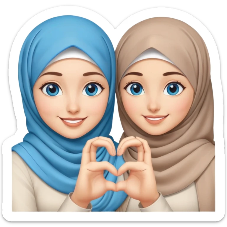 Turkish beautiful finish Konya two girls blue eyes with hijab and making love heart with hand gesture sticker