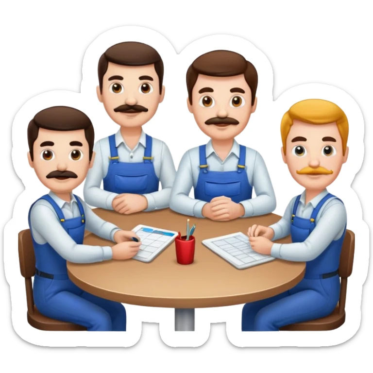grupo de trabajadores 5 en torno a mesa, todos blancos, pero de diferente edad, uno con bigote, sticker