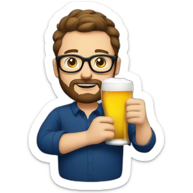 a-man-with-short-brown-hair-and-beard-and-round-black-glasses,-wearing-a-dark-blue-shirt-drinking-a-beer sticker