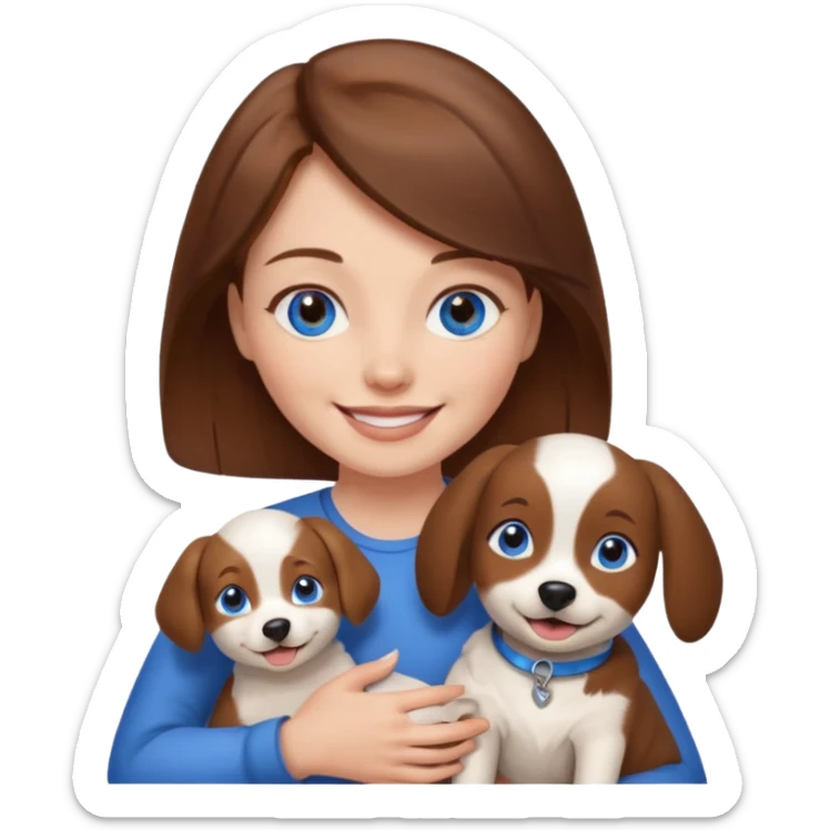 Blue eyes brown haired woman holding a brown and white dog sticker