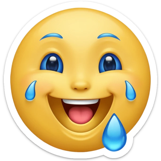 Emoji, yellow round laughing face, blue tears of joy on it  sticker