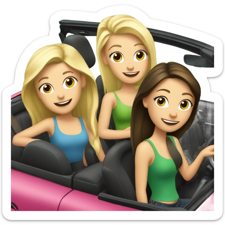 Two Caucasian blonde girls and two Caucasian brunette girls driving a green volkswagen convertible sticker