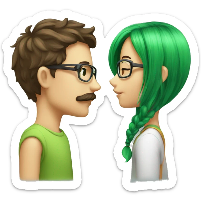 A boy with brown hair and a mustache is kissing a green haired girl wearing glasses sticker