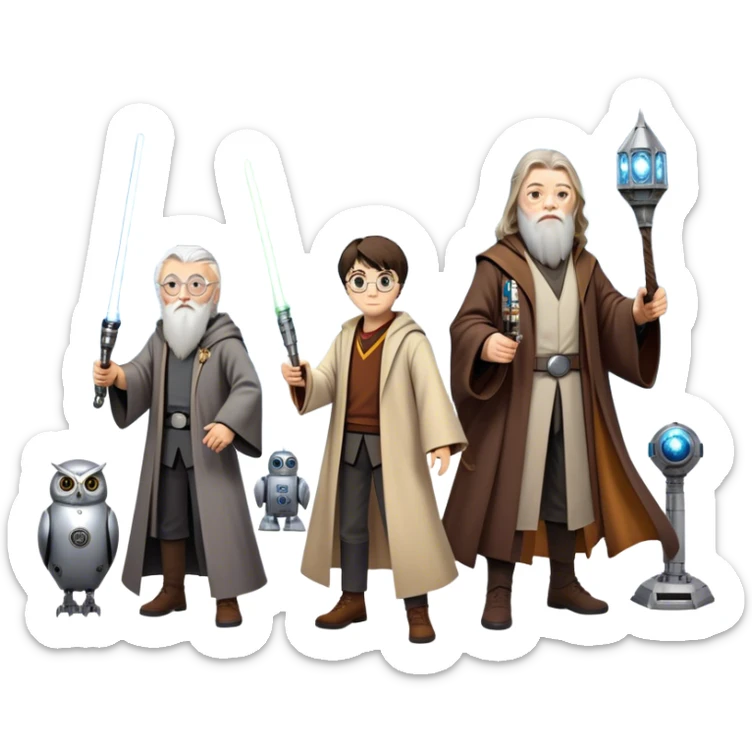 Icon for Fantasy and Sci-Fi Movies: Collage featuring Harry Potter with his wand, Dumbledore, Luke Skywalker with a lightsaber, and futuristic robots. Background with a magical planet, Hogwarts, flying owls, and spaceships. Epic and magical atmosphere. Transparent background. sticker