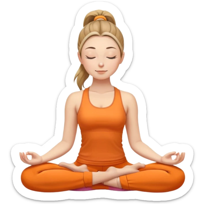 caucasian woman with ponytail in lotus position meditating, eyes closed with a slight smile, peaceful expression, orange yoga clothes sticker