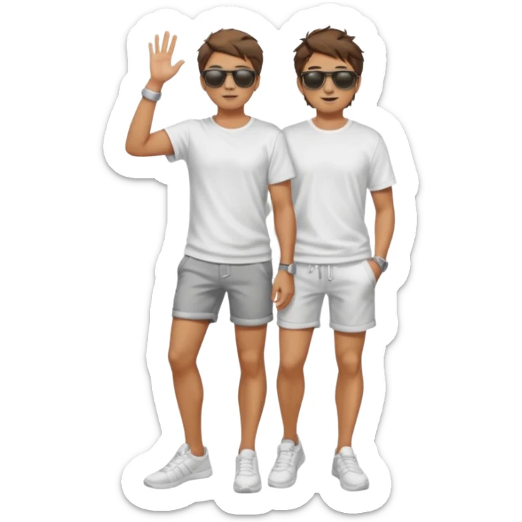 Handsome. Male. Short brown hair. Messy hairstyles. Sunglasses. Sexy pose. Full body. Wearing shorts. White tekkies. Pool background  sticker