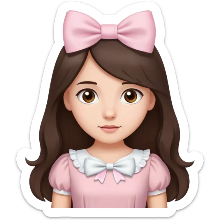 Brunette girl with brown eyes wearing light pink dress with a white bow on the side of her long hair sticker
