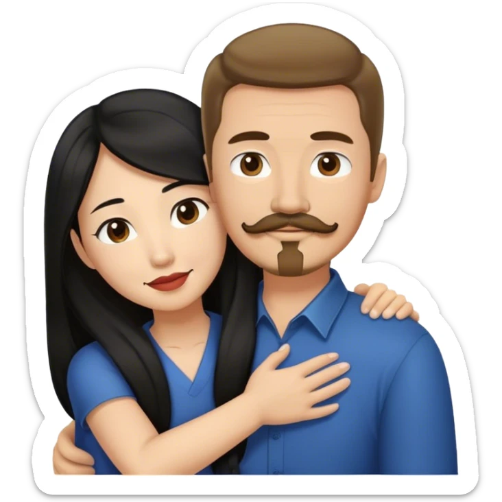 tall white man with brown hair goatee mustache hugging a asian woman with long black hair sticker