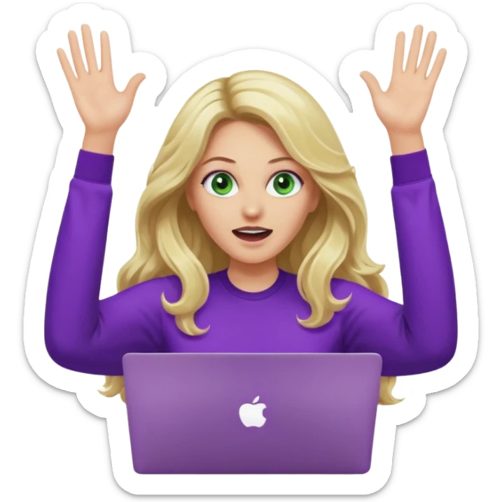 lady with long wavy blonde hair, purple top, green eyes, throwing her with a purple mac laptop hands in the air screaming, looking cross sticker