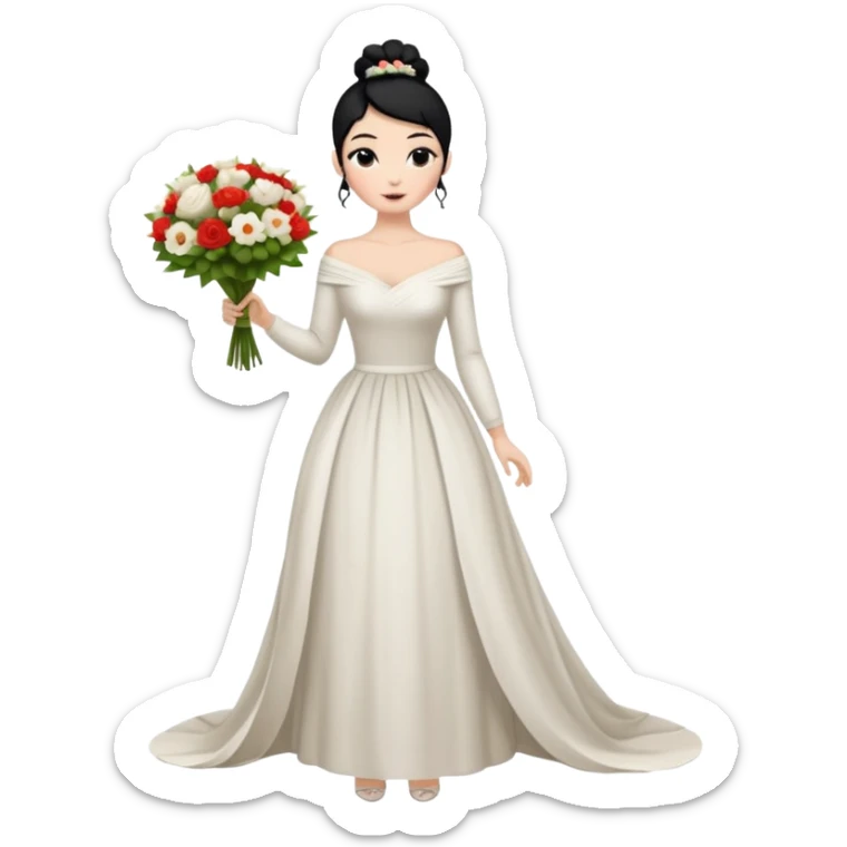 Chica blanca,cuerpo entero, vestido boda asimétrico sin vuelo ,manga larga ,de piel en cuello, pelo negro,    ramo de flores una mano, pelo recogido en moño alto sticker