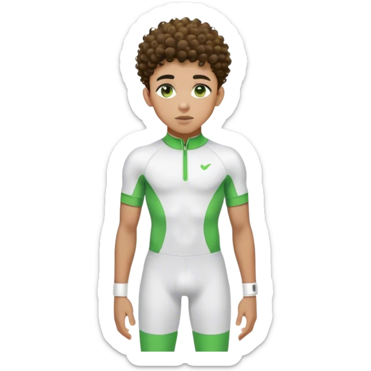 Jailen, a black teen boy with curly taper fade, full lips, thick eyebrows,golden brown skin tone, light green eyes, a fit 
body type, with a white and green compression suit with short sleeves, earbuds, with energy manipulation, 
 sticker