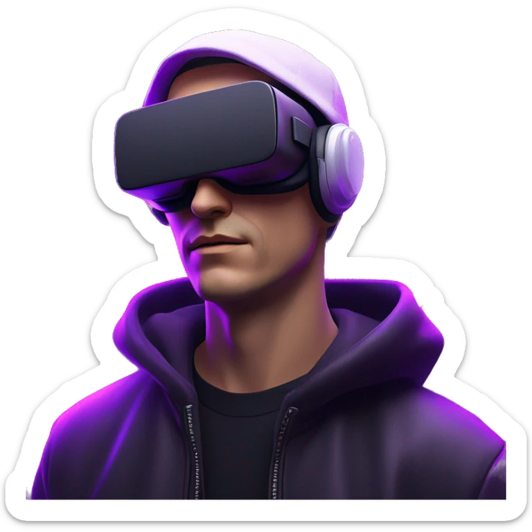 Russian man wearing a black hoodie with "OMG" letters on it and VR headset in a cyberpunk VR environment with violet neon lighting. sticker