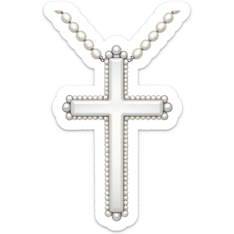 Elegant emoji icon of a white cross made of white beads, glossy surface, and white bead chain subtle shadows, pure white palette sticker