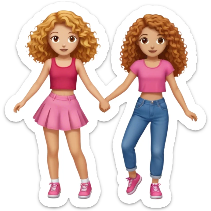 Two friends dancing, one with honey color hair, long and curly hair, brown eyes red crop top and baggy jeans and the other friend with brown with honey eyes and with a pink top and white skirt sticker