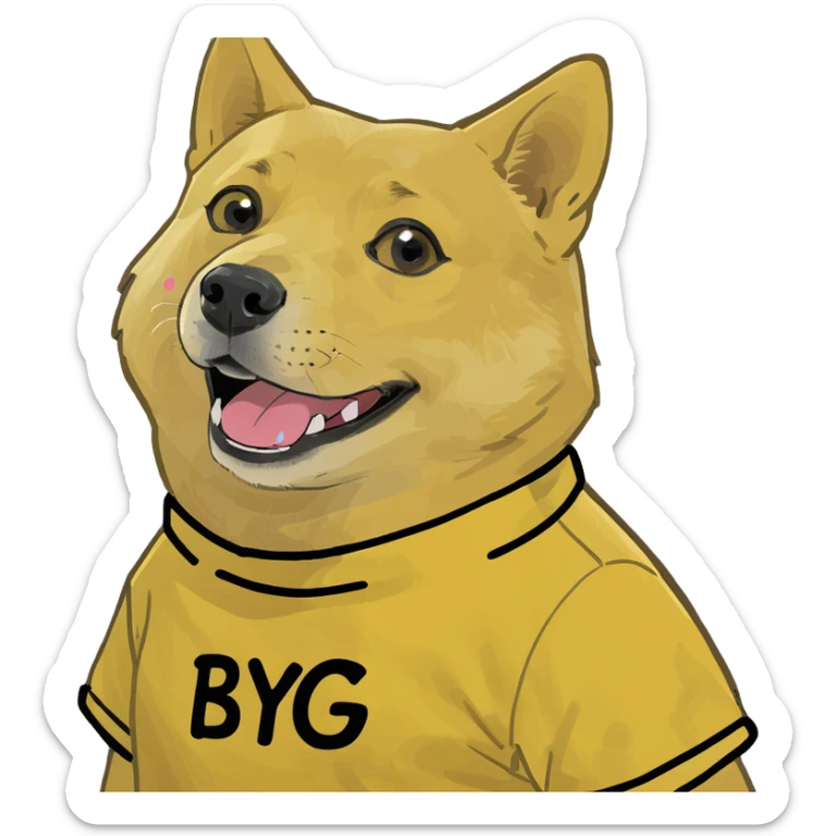 yellow Doge meme character holding 'ByteNova' text, playful and meme-inspired style sticker