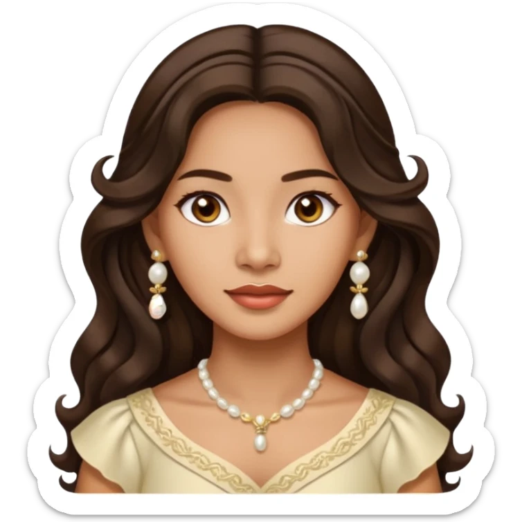 Tan Filipino woman with dark brown eyes and long dark wavy hair parted in the middle wearing a traditional filipiniana and white pearl earrings sticker