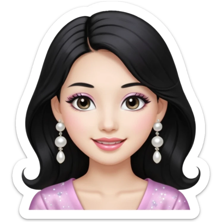 asian long voluminous black hair silver grey eyes glossy lips glittery white and light pink eyeshadow girl pearl earrings sticker