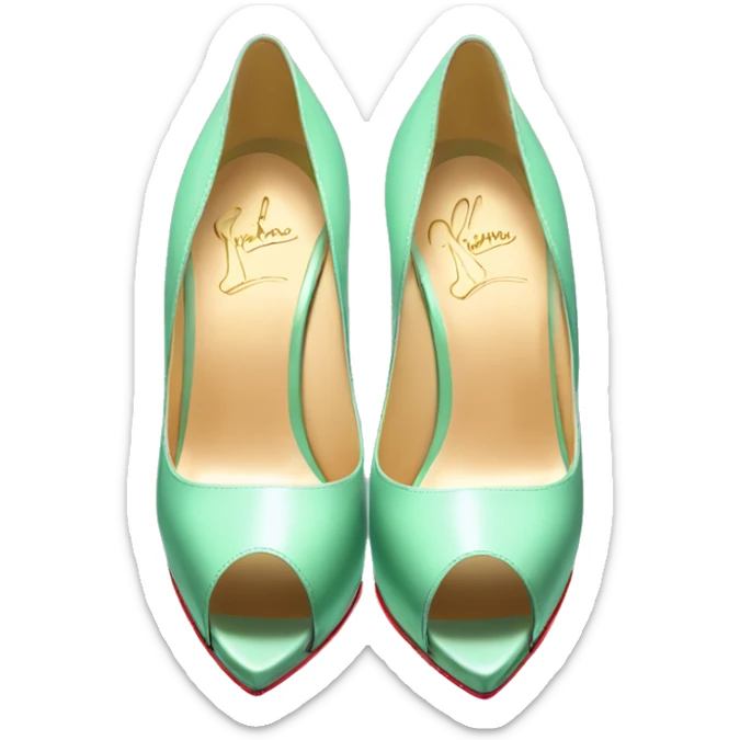 Realistic isolated top view of a pair of mint green Louboutin stiletto peep toe high heel shoes. sticker