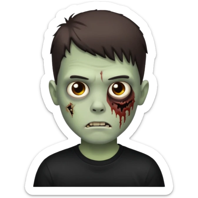 zombie white boy with dark brown edgar haircut and brown eyes (his skin is clear and white but with zombie scars) in black tee  sticker