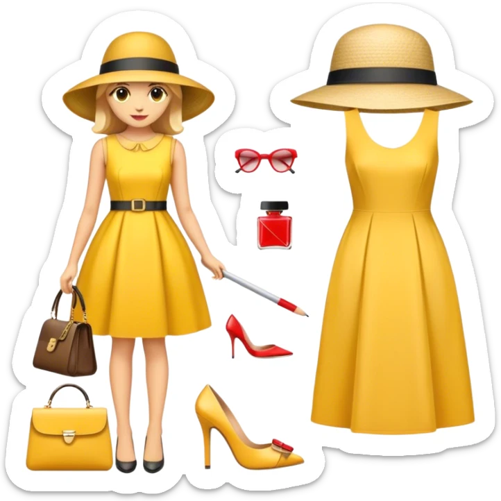 Icon for Fashion Design: a clothing scheme, a measuring tape and a pencil, a stylish hat, a bright dress, shoes and a handbag with measurements. The emoji should represent the creative and precise process of fashion design. Transparent background. sticker