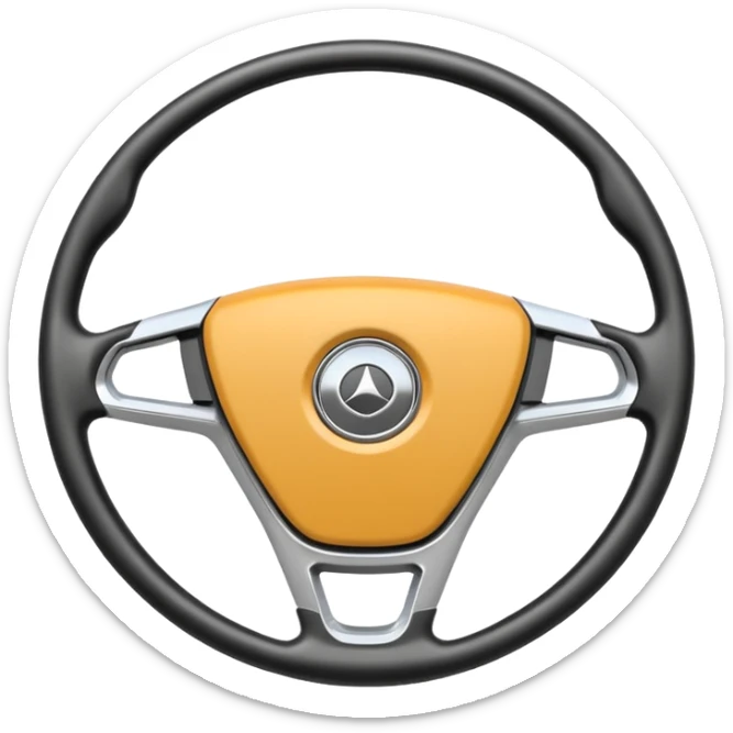 A futuristic steering wheel emoji made of silver chrome, minimal geometric design, smooth metallic surface, soft reflections, iOS emoji style, centered, clean white background sticker