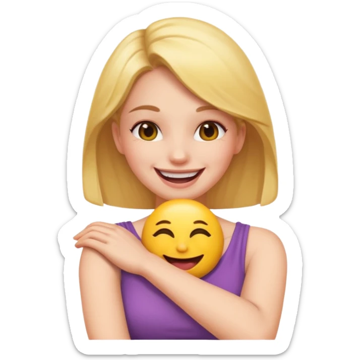 A woman with arms crossed holding neck laughing emoji sticker