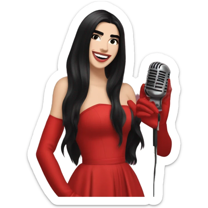Dua Lipa, with long black hair, in red gown with red gloves smiling, singing with an old microphone sticker