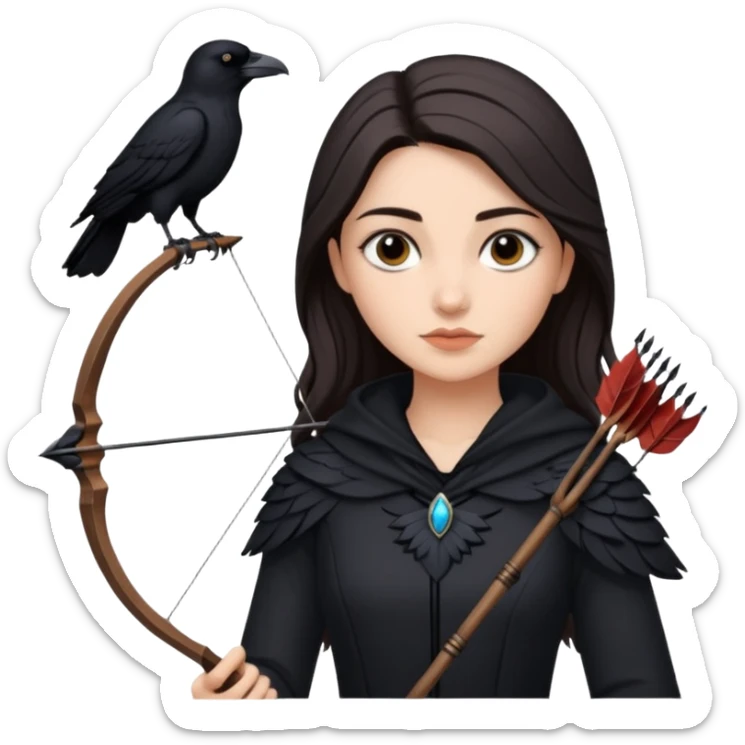 Alysanne Blackwood from Game of Thrones. She is known as black aly and is the Wife of Cregan Stark. I have her looking like Hande Erçel. Show her with a raven and a bow and arrow sticker