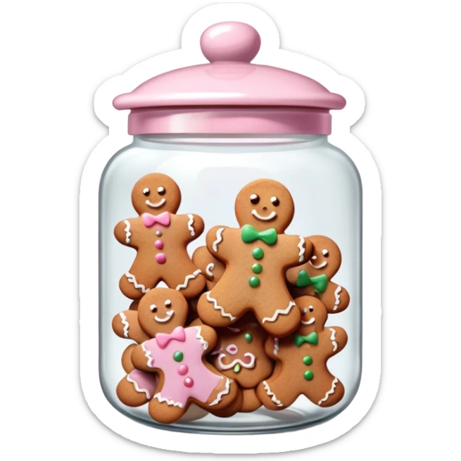 Realistic glass cookie jar with light pink lid full of gingerbread cookies isolated.  sticker