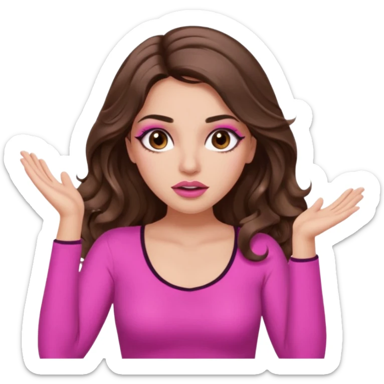 girl with long wavy brown hair, brown eyes, long lashes makeup, sexy pink lips, light to medium complexion, pink sexy top, two hands up, shrugging, confused sticker