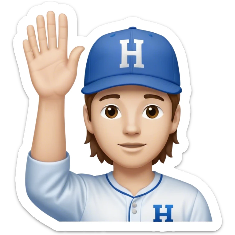 White Man with mid-length brown hair wearing blue baseball hat with the letter H on it. Hand waving. He is wearing a white oxford shirt.  sticker