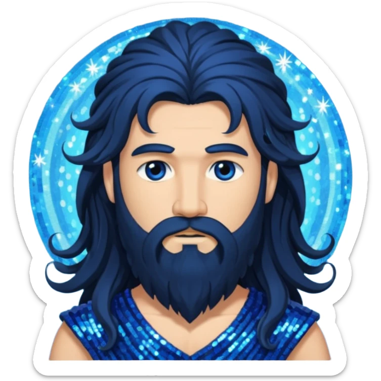 Boreas, God of North Wind from Gods and Goddesses with long black shaggy hair and beard, deep blue sequin outfit sticker