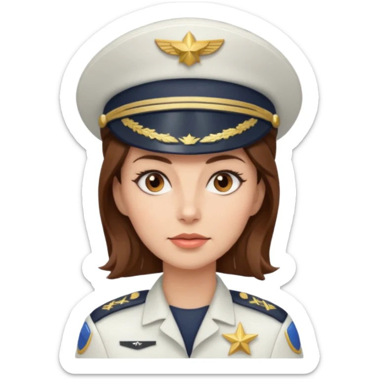 woman with brown hair and brown eyes.  space ship captain with white military hat sticker