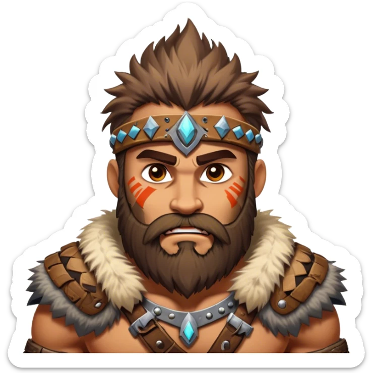 Clash of Clans style: Cinematic Rugged Barbarian Portrait Emoji, Intense and formidable with a stylized build, a rugged beard and expressive eyes, adorned in playful, battle-worn furs and cartoonish armor with tribal markings, Simplified yet powerfully detailed features, highly detailed, glowing with a deep, adventurous energy, high shine, spirited and determined, stylized with an air of raw, untamed power, soft glowing outline, capturing the essence of a barbarian warrior ready to lead epic quests! sticker