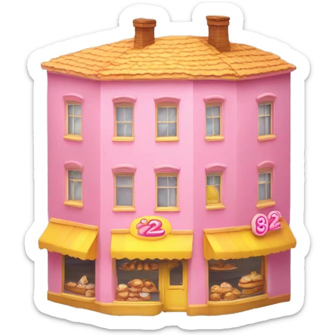 a three-floor bakery with huge house number 22 on the facet, pink and yellow only on the facet sticker