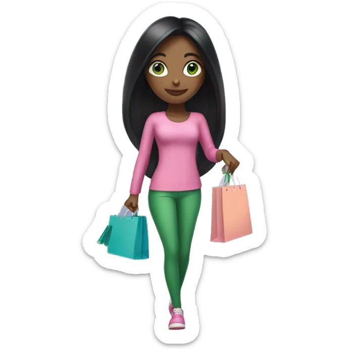 girl with very long black hair and green eyes and pink outfit holding credit card and shopping bags sticker