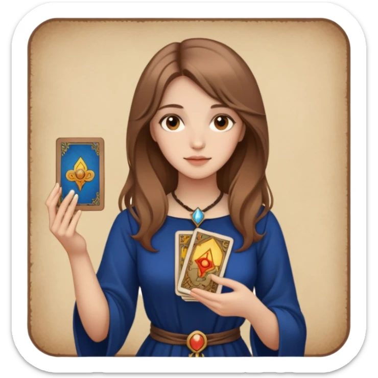 girl with light brown hair and brown eyes with tarot cards in her hands sticker
