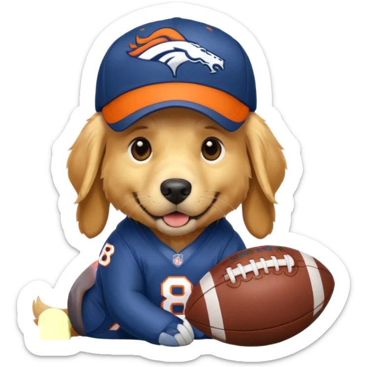 Dog wearing a Broncos hat it’s a golden retriever. The dog is holding a football. sticker