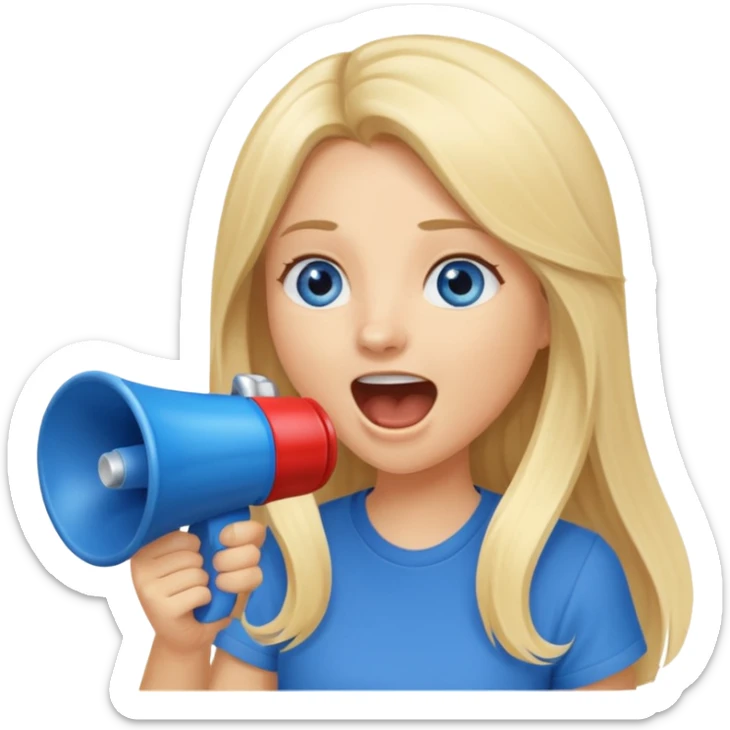  blue eyes blonde girl yelling into megaphone smiling long hair sticker